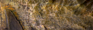 古海洋沉積物的高解析度假色影像  圖中的液脈網絡縱橫交錯。另外帶綠、黃、啡顏色的沉積物則由富鐵質及鎂質的黏土所組成，此等黏土常形成於深海海床。此影像展示範圍約為1公里寬。
