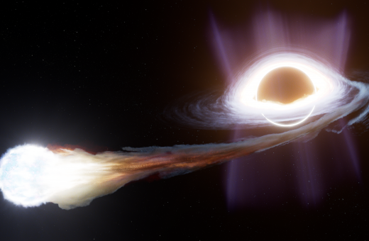 A conceptual image illustrating the tidal disruption of a Pop III star and its subsequent feeding of a massive black hole in the early universe. Image credit: Space Telescope Science Institute/Ralf Crawford  