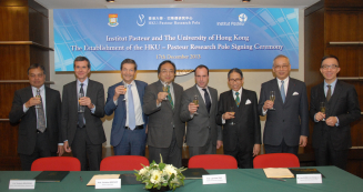  (From Left to Right)   Professor Malik Peiris, Tam Wah-ching Professor in Medical Science, Chair Professor and Acting Director of School of Public Health, Li Ka Shing Faculty of Medicine, The University of Hong Kong Professor Roberto Bruzzone, CEO of HKU-Pasteur Research Pole Professor Christian Brechot, Director General of Institut Pasteur Professor Lap-Chee Tsui, Vice-Chancellor and President of The University of Hong Kong Mr Arnaud Barthélémy, Consul General of France in Hong Kong and Macau Dr Leong Che-hung, Chairman of Council, The University of Hong Kong Mr Leo Kung Lin-cheng, Chairman of HKU-Pasteur Research Centre Professor Gabriel M Leung, Dean of Li Ka Shing Faculty of Medicine, The University of Hong Kong