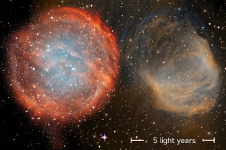 The physical sizes of two of the largest planetary nebulae, presented at a common scale based on the authors’ new distances. The scale bar represents 5 light years. Older distance scales underestimated the distances and hence sizes of these very old nebulae.  Credit: NOAO/AURA/NSF. Compiled by HKU Physics.