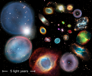 A collage showing 22 individual planetary nebulae all at various distances from Earth. They are artistically arranged in approximate order of physical size. The scale bar represents 5 light years. Each nebula’s size is calculated from the authors’ new distance scale, which is applicable to nebulae of all shapes, sizes and brightnesses. Credit: ESA/Hubble & NASA. Compiled by HKU Physics.