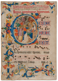 Leaf from a Gradual Depicting The Adoration of the Magi  (from The Life of Christ) and a Historicised Initial “E” (‘Ecce avenit’) Don Simone Camaldolese and workshop Florence, Italy, c.1380–1390 Tempera, gold and ink on vellum H. 592 mm; W. 415 mm