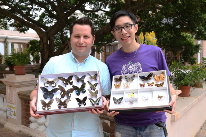 香港大學博士生曾栢諾先生(右)數月來走遍九龍大大小小的公園，共錄得51種蝴蝶，包括在市區公園非常罕見的品種。左為他的博士導師港大生物科學學院助理教授Timothy Bonebrake 博士。
