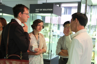 Professor Zong Yongqiang, Head of the Department of Earth Sciences at HKU (right), speaks to Attache for Science and Academic affaires Mr Frederic Bretar and Scientific Officer Ms Julie Metta of the Consul General of France in Hong Kong & Macau at the opening reception.