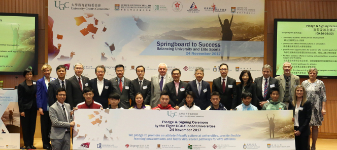 (3rd row, from left) Ms Amy Chan, JP, Chairman of Hong Kong Elite Athletes Association; Dr Trisha Leahy, BBS, Chief Executive of Hong Kong Sports Institute; Mr Ronnie Wong, JP, Honorary Secretary General of Sports Federation & Olympic Committee of Hong Kong, China; representatives from the eight UGC-funded universities and UGC; Dr Duncan Macfarlane, Acting Director of Centre for Sports and Exercise of The University of Hong Kong; Dr Janice Johnston, Chair of Conference Organising Committee (2nd row) elite athlete representatives from the eight UGC-funded universities (1st row) Mr Sam Wong, Executive Director of Hong Kong Amateur Hockey Club; Ms Megan Fritsch, Personal Excellence Manager of Australian Institute of Sport.
