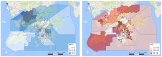 Visualization of PM2.5 pollution estimates and Social Deprivation Index at the constituency area level in Hong Kong. (Darker colours correspond to higher values of air pollution and SDI.)