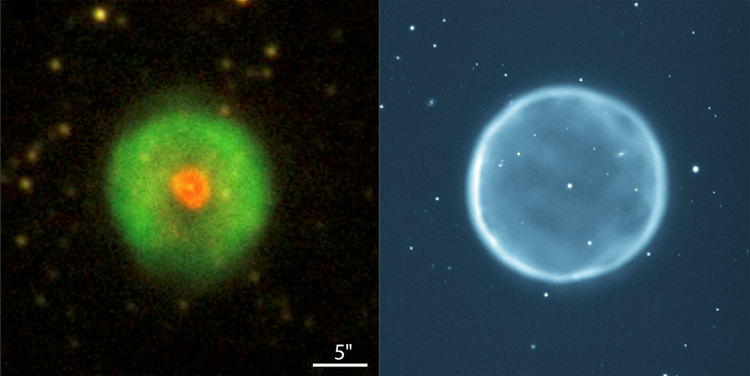 Planetary nebula HuBi 1 (left) and another planetary nebula Abell39 (right, 6800 light years away from our solar system). Abell39 is an archetypal, textbook case of a spherical nebula surrounding a bright central star (a white dwarf), its nebula composes of hydrogen-rich ionized gas. HuBi 1, its central star has undergone a “born-again” event ejecting metal-rich material into the old, hydrogen-rich nebula, has a double-shell structure – a hydrogen-rich outer shell and a nitrogen-rich inner shell. (HuBi 1 image adopted from Guerrero, Fang, Miller Bertolami, et al., 2018, Nature Astronomy, tmp, 112. Image credit for Abell39: The 3.5m WIYN Telescope, National Optical Astronomical Observatory, NSF. URL: https://www.noao.edu)