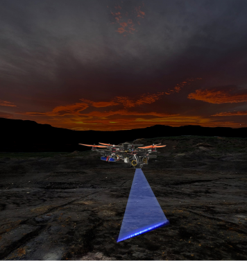 圖1：港大研發的自動激光掃描無人機系統在夜間尋找化石、礦物和生物目標(此為模擬圖片)。圖片提供：Thomas G Kaye和文嘉棋。