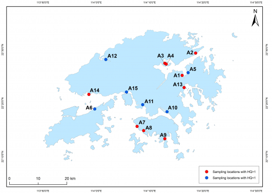 Image 1 Map of Hong Kong indicating the locations (A1 – A15) of collecting seawater samples in this study (A1: Sai Keng; A2: Fung Wong Wat; A3: Sam Mun Tsai; A4: Yim Tin Tsai; A5: Yung Shue O; A6: Sham Shui Kok; A7: Cyberport; A8: Aberdeen; A9: Stanley; A10: Kwun Tong; A11: Lai Chi Kok; A12: Yuen Long; A13: Sai Kung; A14: Tuen Mun; A15: Tsuen Wan).  Red circles indicate sites with the hazardous quotient (HQ) > 1, whereas Blue circles indicate sites with the HQ < 1.