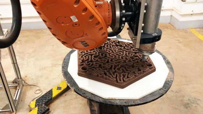 A 3D designed reef tile was printed through a robotic 3D clay printing method with generic terracotta clay and then fired at 1125 degrees Celsius. (Photo credit: Christian J. Lange)