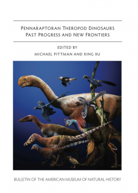 Figure 1. ‘Pennaraptoran Theropod Dinosaurs: Past Progress and New Frontiers’, a landmark volume on the biology and evolution of early birds and their close relatives. The volume comprises of 14 chapters authored by 49 authors from more than 10 countries. Fossil pennaraptorans come in a huge array of shapes and sizes and lived in a range of habitats. However, they shrank drastically in their successful conquest of the skies. Today, they are only survived by the birds. Image credit: Bulletin of the American Museum of Natural History & Julius T Csotonyi.