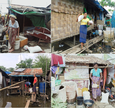 Dagon Seikkan貧民區的居民用水桶和塑膠袋收集雨水作食水和日常使用