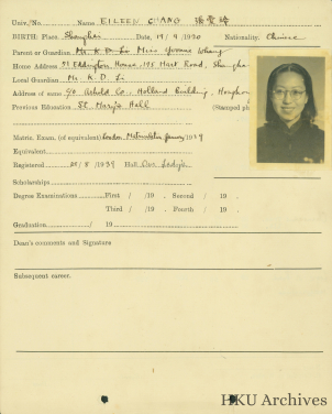 Eileen Chang’s HKU student registration and transcripts
Image Courtesy of the University Archives of HKU