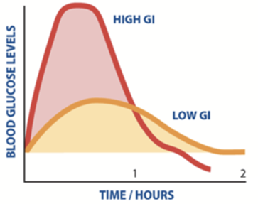 The illustration of the blood glucose response after consuming high GI and low GI carbohydrate.
 