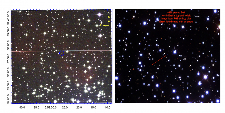 圖2. 圖2a（左圖）：利用IPHAS（Drew等人，2005年）觀測結果獲得的，大小為6.5x6.5弧分的IPHASX J055226.2+323724星雲的RGB合成增強影像，我們以此確定其位於銀河系疏散星團M37中。合成RGB影像中的R, G, B分別使用Hα，寬波段紅光與寬波段i波段。星雲核心用藍色圈出。
圖2b（右圖）：利用SDSS觀測結果獲得的，大小為190x145 弧秒的RGB合成影像，合成RGB影像中的R, G, B分別使用i波段，r波段與g波段圖像。這些觀測數據清晰地展示了亮度較低的位於中心位置的星雲核心（箭頭指出）。圖像上方與右方分別是北與東方向。
 
