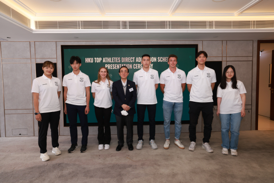 (From left) Tse Ying Suet (badminton), Lin Mingfu (long jump), Charlotte Emily Hall (triathlete), Professor Bennett Yim,  Lam Siu Hang (table tennis), Liam Martin Doherty (rugby), Ho Sze Long (fencing)  and Wong Yue Ching (para table tennis)
 