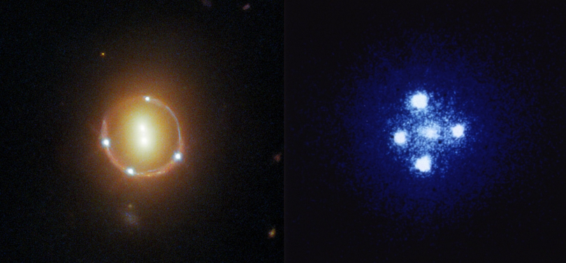 圖二：由哈勃望遠鏡觀測到的引力透鏡成像例圖。
左：2M130-1714, 背景星系的中心部分被多重成像至圖中四處明亮的藍色光點，背景星系本體影像則被扭曲成愛因斯坦環包圍着圖中作為前景透鏡的兩個黃色星系。圖像來源：NASA/ESA/Hubble/T.Treu/Judy Schmidt。
右：愛因斯坦十字，呈對稱狀的四個多重成像對應於背景星系明亮的中心部分。靠近十字中心的第五個光點對應的是前景透鏡星系。(圖像來源：NASA/ESA/STSci。)
 