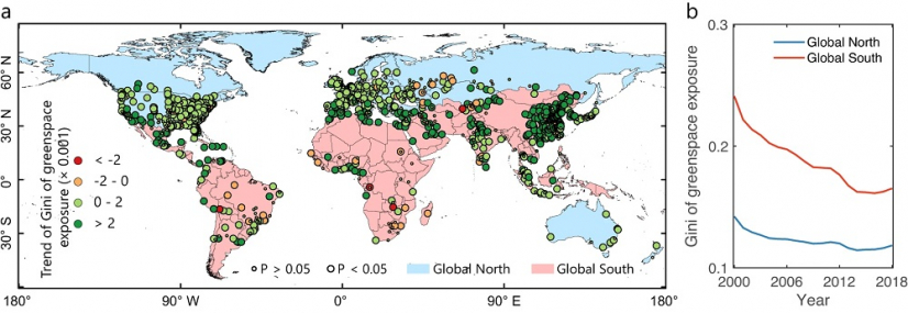 Temporal change of greenspace exposure inequality measured by the Gini index for global 1028 cities from 2000 to 2018.