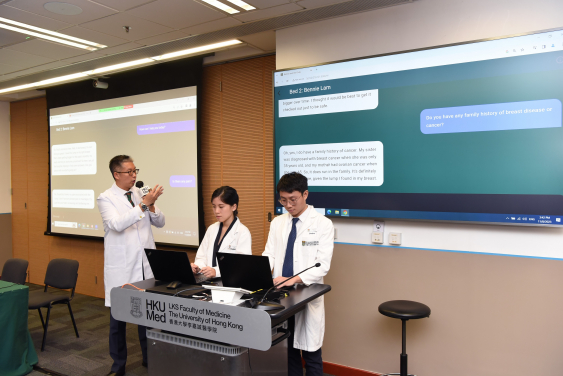 Dr Michael Co Tiong-hong (left) highlights the benefits of the ‘AI virtual patients’ diagnostic application in equipping medical students with diverse patient cases in a virtual learning environment.
 