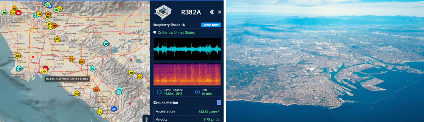 左圖： 洛杉磯盆地圖。 位於長灘的即時地震儀R382A正在記錄地球的背景振動，面板顯示了10分鐘的噪音。 圖片來源：Raspberry Shake
右圖：加州長灘港和聖佩德羅（San Pedro）的航拍視圖。圖片來源：freeimages