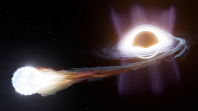 星族III恆星在潮汐瓦解事件中被黑洞吞噬，化成恆星碎片並發生耀發的構想圖片。（圖片提供：太空望遠鏡科學研究所Space Telescope Science Institute/Ralf Crawford）