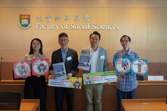 (From left) Research team members music therapist LI Hui Yun, Professor Ng Siu Man and Dr Lo Kai Chung; and Adam, father of an SEN kid.