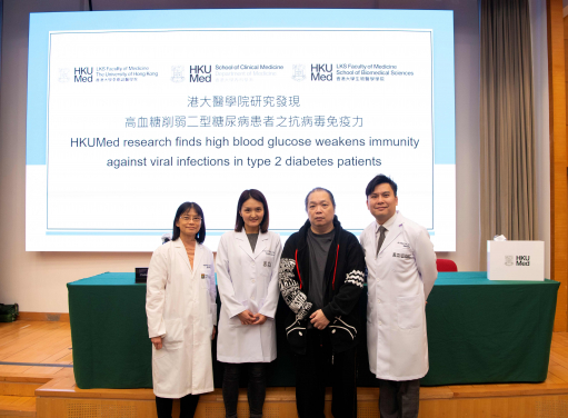 The HKUMed team conducted a thorough examination of 40 blood samples from T2D patients at Queen Mary Hospital, which revealed a notable 40% decrease in functionality of Th1 cells derived from PC-T2D patients. The research involved further animal experimentation to identify the mechanistic link. (From left) Professor Kathryn Tan Choon-beng, Professor Heidi Ling Guangsheng, T2D patient Mr Kwok, and Dr Paul Lee Chi-ho.
 