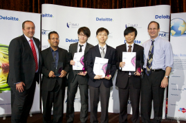 Winning Team (2nd from left): Dr Indranil Bose, Associate Professor of Innovation and Information Management at the School of Business, Liu Han, BBA (IS), Chan Chi Wai, BBA (IS) and Lui Sing Lui, BBA(IBGM)