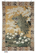  Embroidered Wall Hanging with a Peacock and Peahen, Cherry Blossom and Peonies Designed by Miki; Embroidered by Sumiyama Japan, c. 1900 H: 300 cm  W: 199 cm